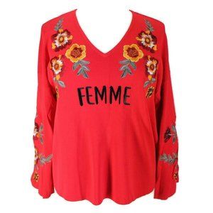 INC Embroidered Sweater Womens 2X Red Femme Pullover Long Wide Sleeve Top New